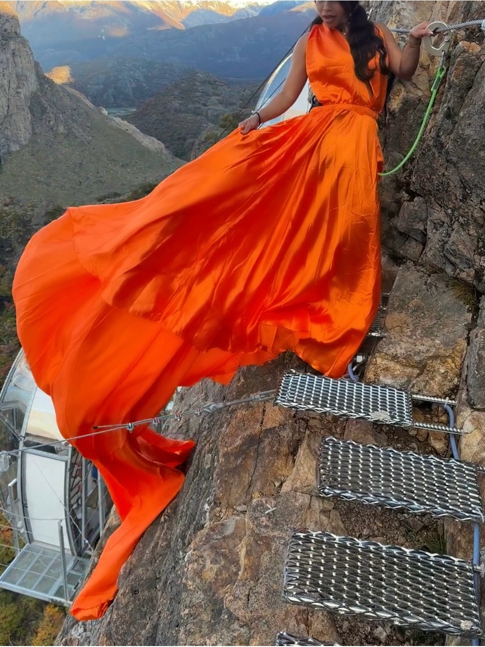 Orange Satin Maxi Flying Dress with loose elastic Waist and Halter style
